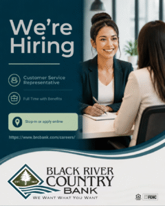 We’re Hiring poster for Black River Bank showing an interviewer; lists Customer Service Representative and online/stop-in apply options.